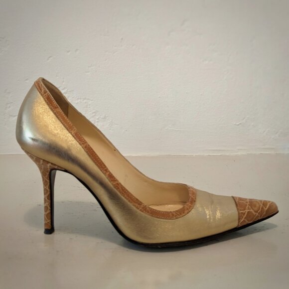 Vintage DOLCE & GABBANA Gold Leather Embossed Croc Trimmed Stiletto Pumps, Sz. 6 - Picture 12 of 16